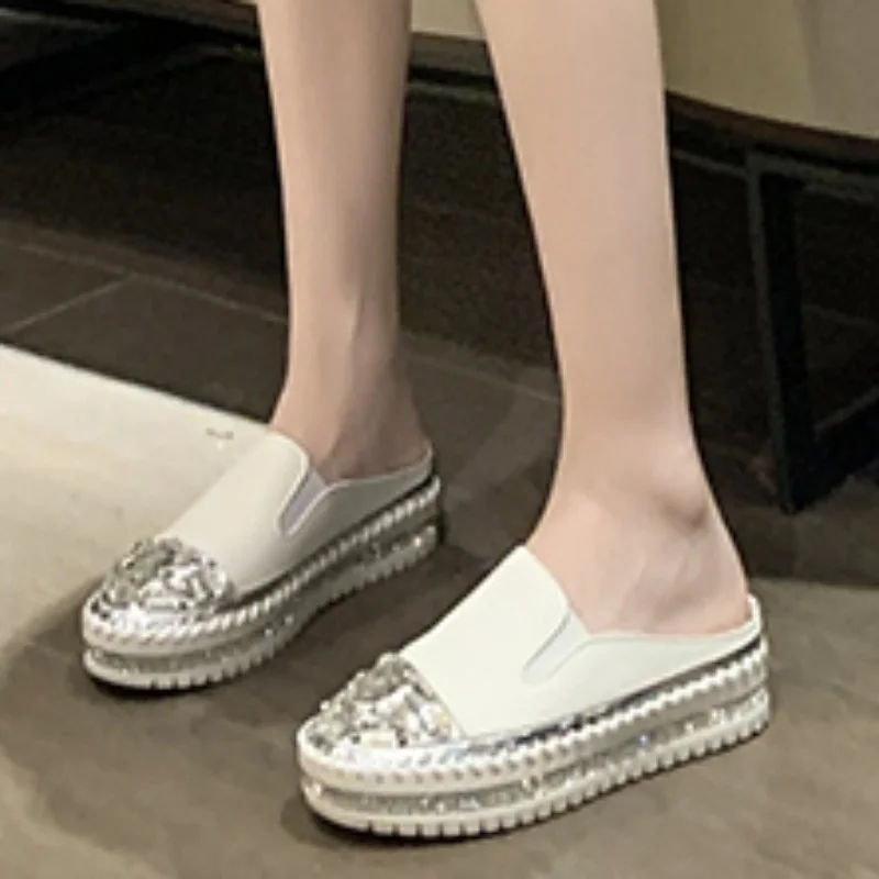 Shoes for Women 2023 Fashion Summer Women\'s Slippers Solid Color Rhinestone Sequins Closed Toe Flat Heel Water Proof Shoes Women