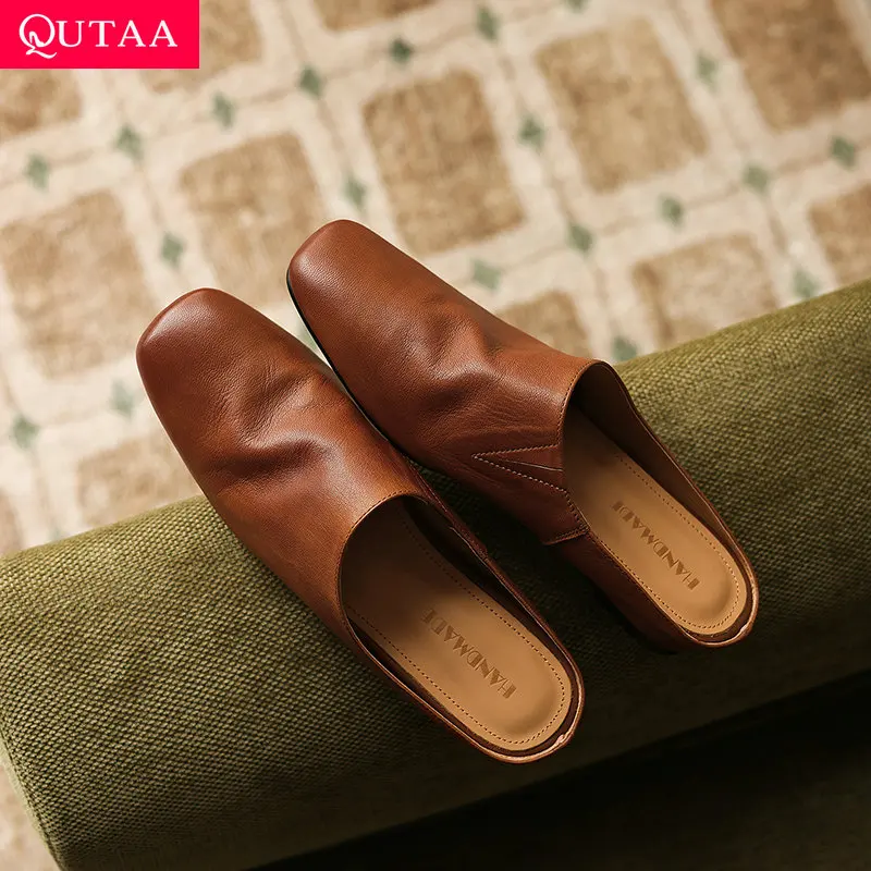 QUTAA 2026 Fashion Mules Slingback Women Flats Shoes Woman Summer Cow Leather Wedge Casual Shoes Round Toe Ladies Dress 34-40