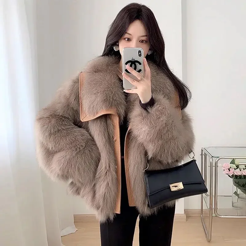 

2026 Autumn Winter New One-Piece Loose Warm Fur Coat Tops Large Lapel Faux Fox Eco-Friendly Fur Jacket Women's Overcoat