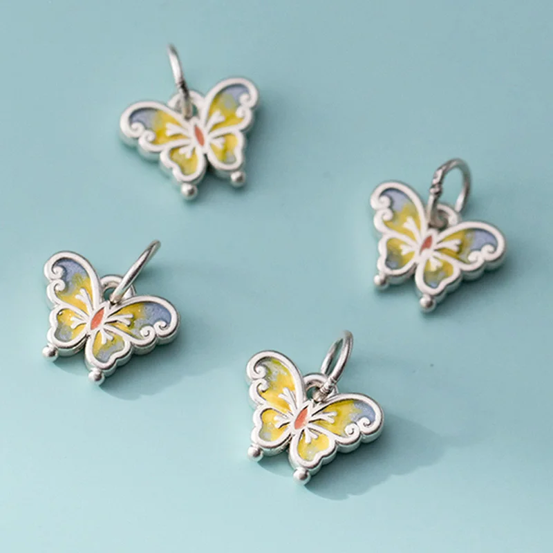 1pc 999 Pure Silver Drop Glue Double Sides Colorful Butterfly Charms 12.5x10mm Fancy Women Jewelry S999 Pendants DIY Jewelrys