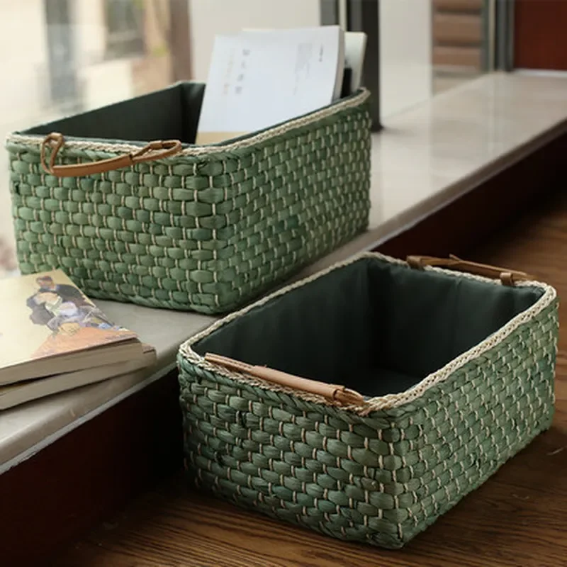 For Rattan Storage Basket Snacks Straw Box Coffee Table Desktop Living Room Household Sundries Organizer Functional Decor
