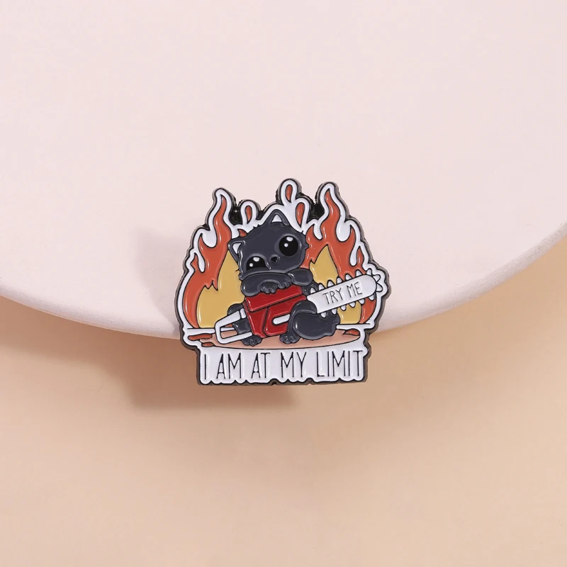 I am At My Limit Enamel Pin Cartoon Angry Irritable Cat with Chainsaw Funny Animal Brooch Lapel Badge Jewelry Gift for Friends