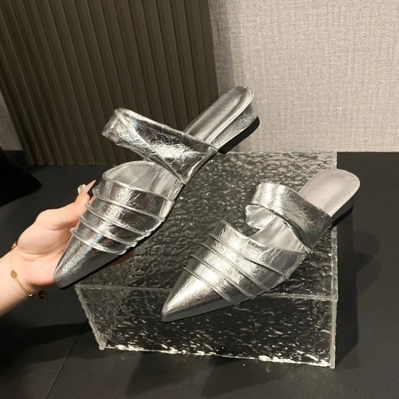 

Summer New Pointed Toe Shallow Mouth Soft Sole Non-slip Wear-resistant Square Heel Shoes Kitten Heel Fashion Baotou Slippers