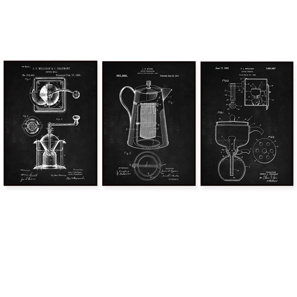 Coffee Patent Prints Set of 3, Coffee Theme Patent Prints, Coffee Brewing, Coffee Mill, Coffee Percolator