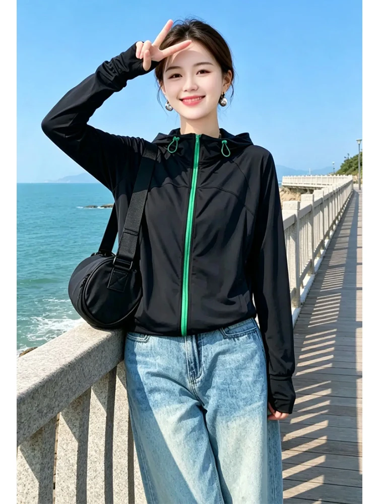 Casual Outdoor Women's Hooded Sun Protection Jacket Summer Commuting Trendy Top Breathable Long Sleeve Zipper Closure Home Wear