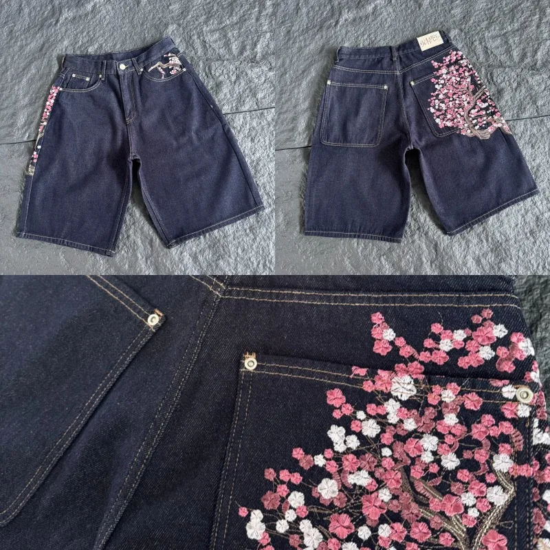 Men Women Dark Raw Denim Knee Length Shorts Heavy Sakura Plum Blossom Embroidery Loose Wide Leg Derschutze Jeans