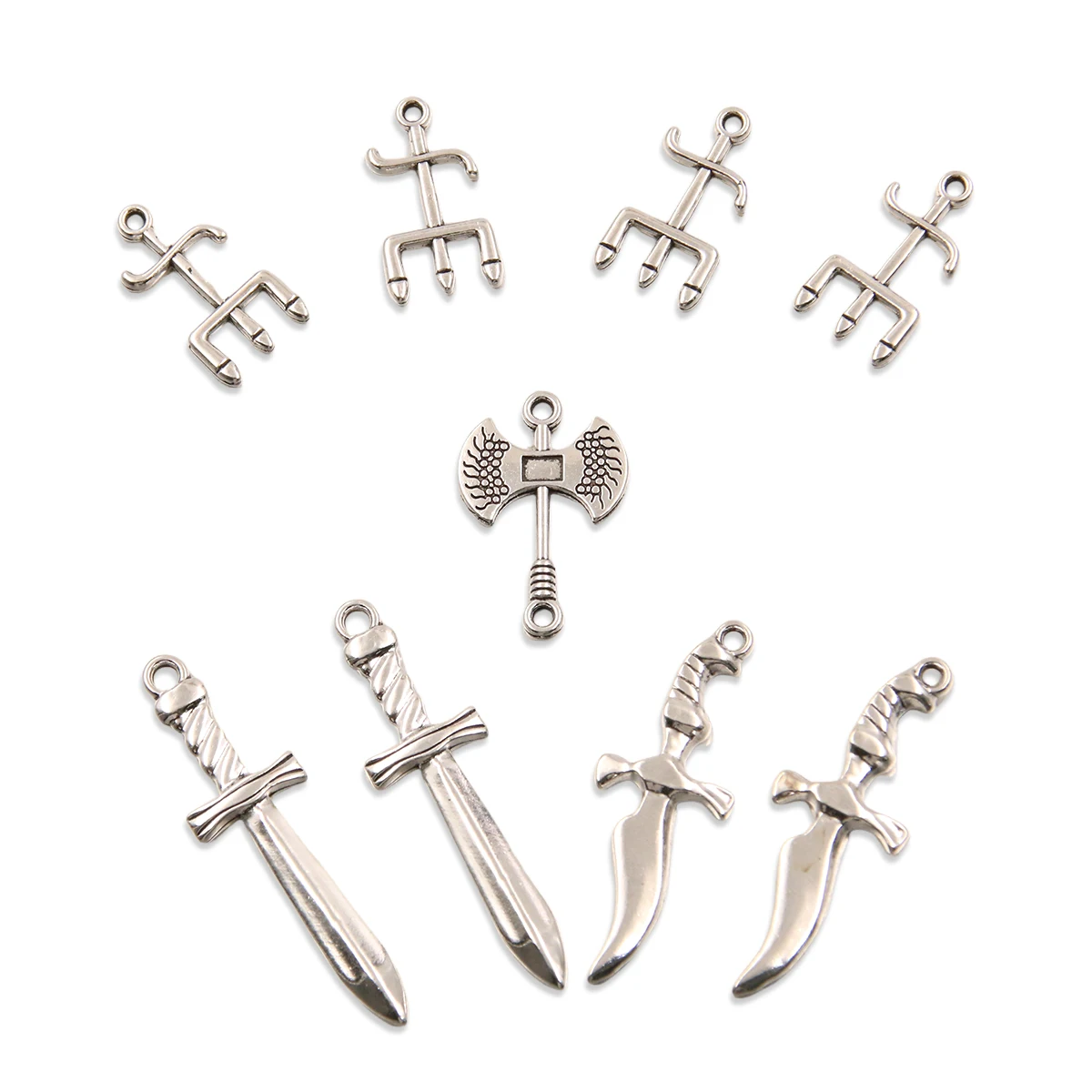 20PCS 4 Styles Mixed Alloy Simulated Weapons Charms For Jewelry Making DIY Handmade Axe Sword Trident Pendant Connector