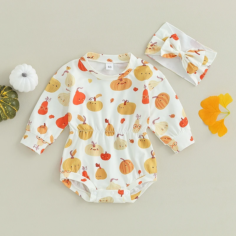 

Baby Girl Halloween Costume Cute Long Sleeve Pumpkin Print Romper with Matching Headband Outfit for Newborns