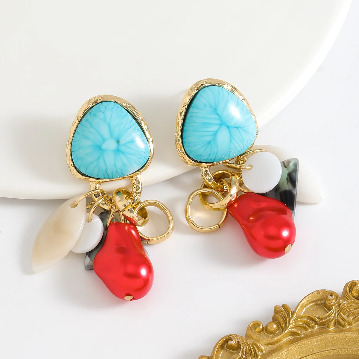 ZA 2024 New Bohemian Retro Colorful Stone Pendant Earrings, Boho Holiday Party Women Accessories