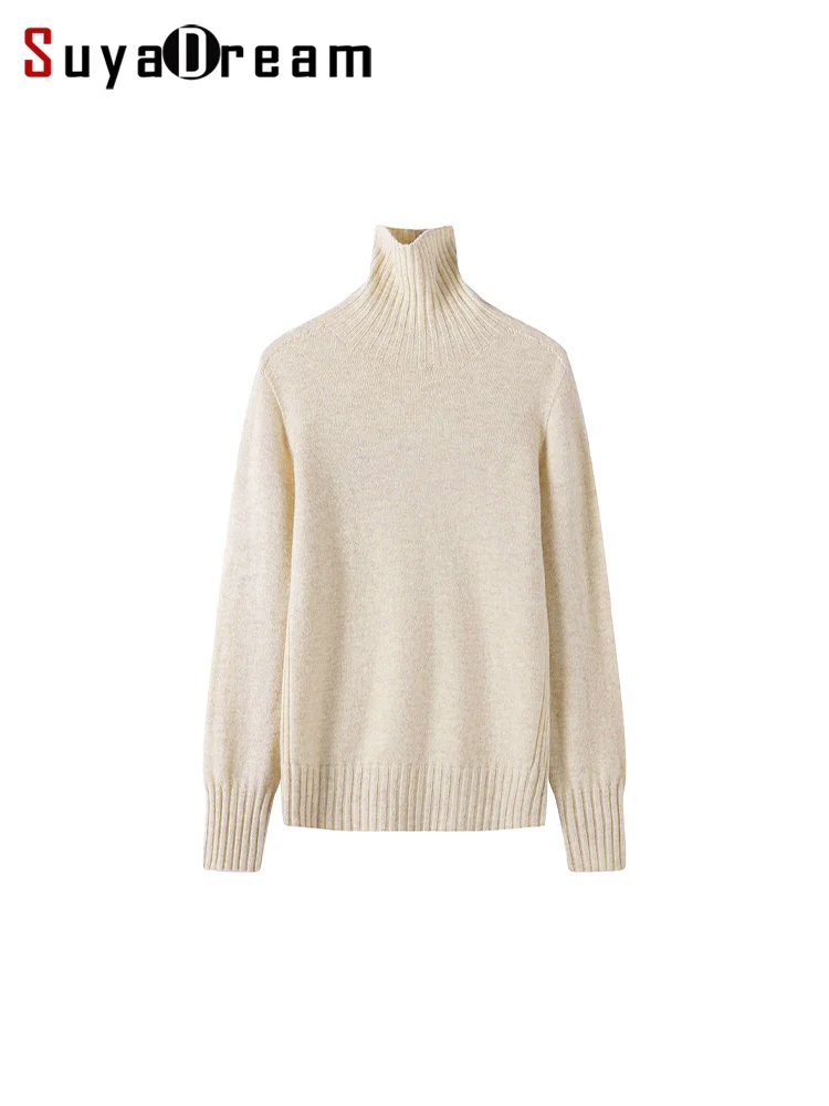 

SuyaDream, Women Turtleneck Pullovers, 100%Sheep Wool, High Collar, Plain Knit Sweaters, 2024 Fall Winter Warm Top, White, Blue