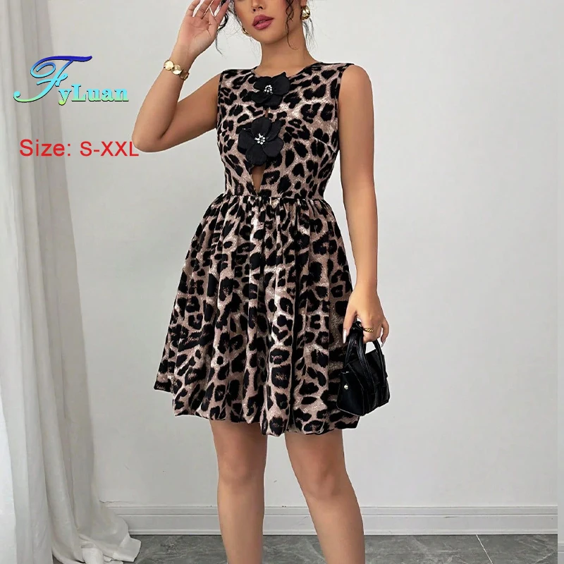 サマースパイシーガールスタイル　レオパード柄ノースリーブワンピース　花柄カットアウト　ハイウエスト　レディースAラインワンピース　セクシーパーティーイブニングドレス