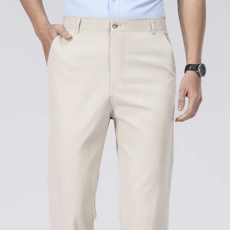 Mens Washed Twill Cotton Straight Full Length Chino Pants Single Waist Belt Loops Wrinkle Daily Casual Four Season Bottoms