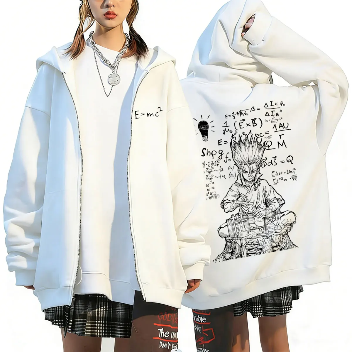 Anime Dr. Stone Zipper Hoodie Manga Senku Ishigami Zip Up Jacket Men Women Casual Oversized Zip Up Sweatshirt Cosplay Streetwear