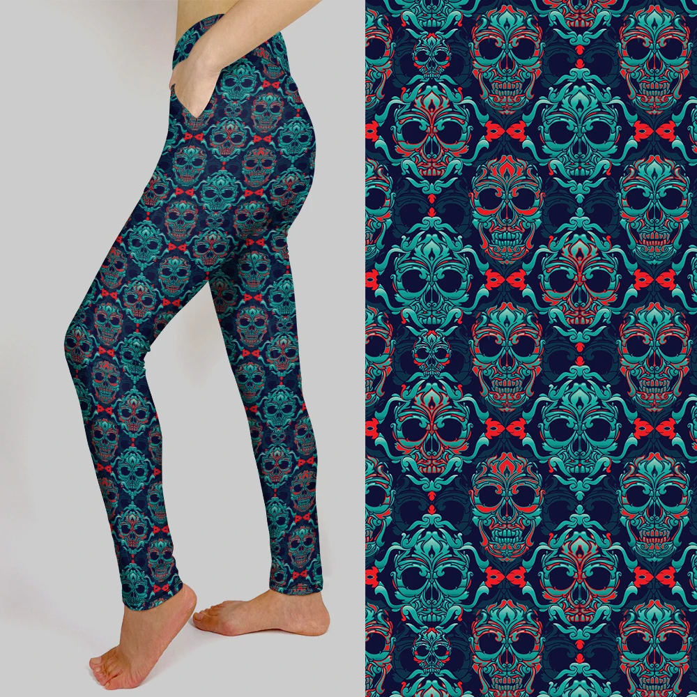 LETSFIND แฟชั่นผู้หญิงสูงเอวภายในกระเป๋า Leggings คุณภาพสูง Skull พิมพ์เซ็กซี่ Slim กางเกงผ้าไหม Leggings