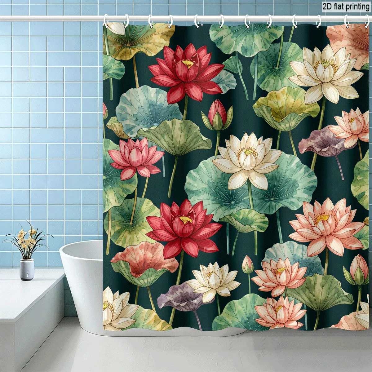 Luxurious Tropical Lotus Flower Pattern Shower Curtain Polyester Waterproof Botanical Liner for Modern Bathroom Decor Accessorie
