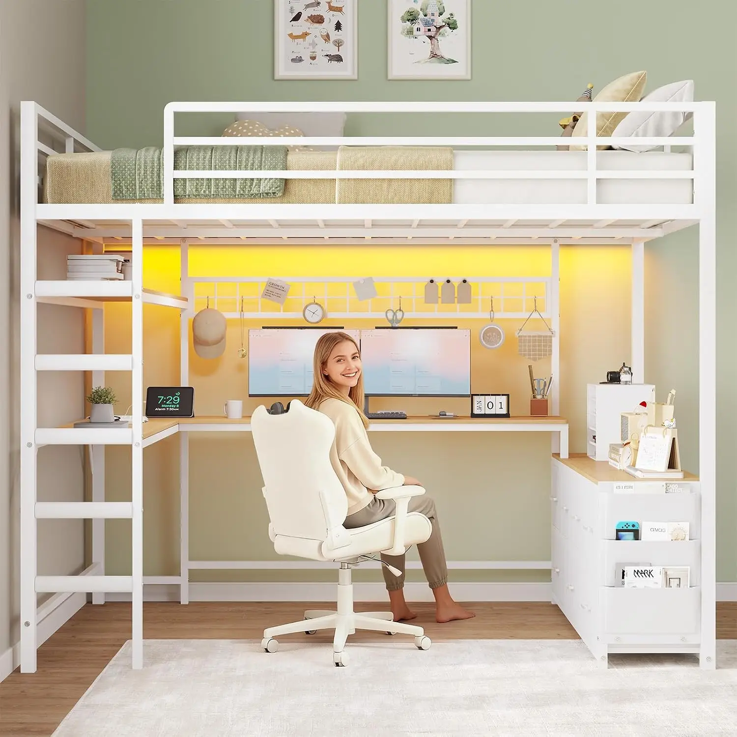 Loft Bed Full Size with U-Shaped Desk,7 Storage Drawers and Charging Station,Metal Full Loft Bed with Led Lights, Customized image 3