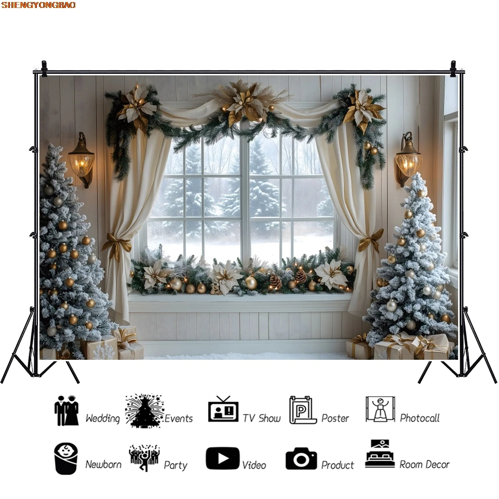 Winter Christmas Photography Background White Window Xmas Tree Gifts Wreath Kids Family Portrait Photocall Background Decor Prop