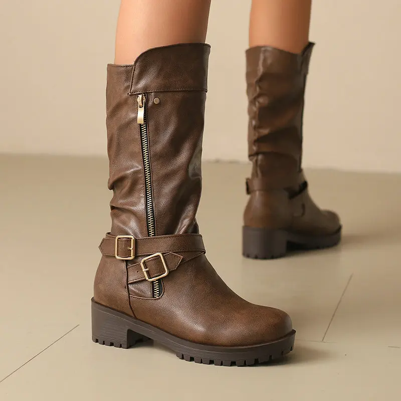 

Большие размеры 35–45, мягкая искусственная кожа, коричневые мотоциклетные повседневные женские ботинки на платформе и квадратном массивном каблуке, зимняя обувь, ботинки до середины икры на плоской подошве