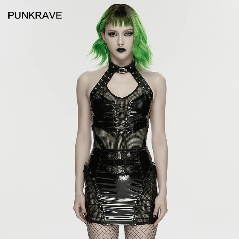 PUNK RAVE Women's Punk Structured Glossy Patent Leather & Mesh Hollow Vest Cool Casual Front Drawstring A Snap Button Sexy Camis