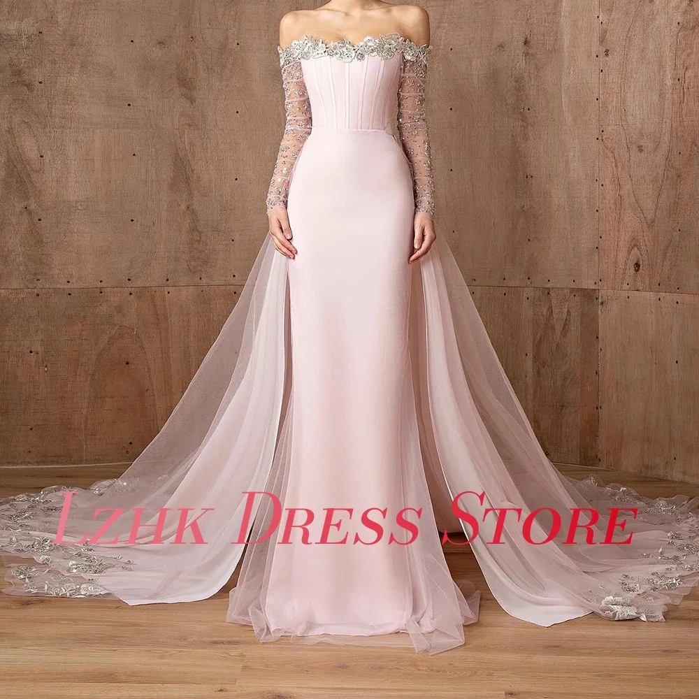 カスタマイズされた高級オーガンザ A ラインオフショルダーアップリケスパンコールクリスタルイブニングドレス繊細な長袖ウエディングドレス