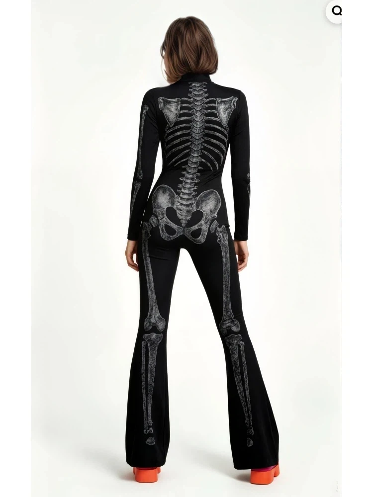 Damen Leoparden-Jumpsuit mit Schlaghose, Skelett-Design, Hochkragen, Flare-Leg-Bodysuit, Rentier-Party, Halloween-Festival, Aerial Yoga Zentai – Detail 16