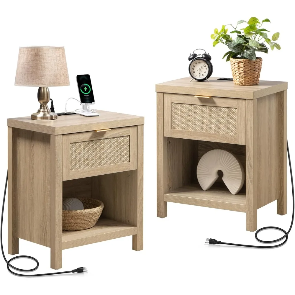 

Набор из 2 прикроватных тумбочек SICOTAS с зарядной станцией, тумбочка из ротанга с ящиком, прикроватная тумбочка для фермерского дома с USB и Type-C Por