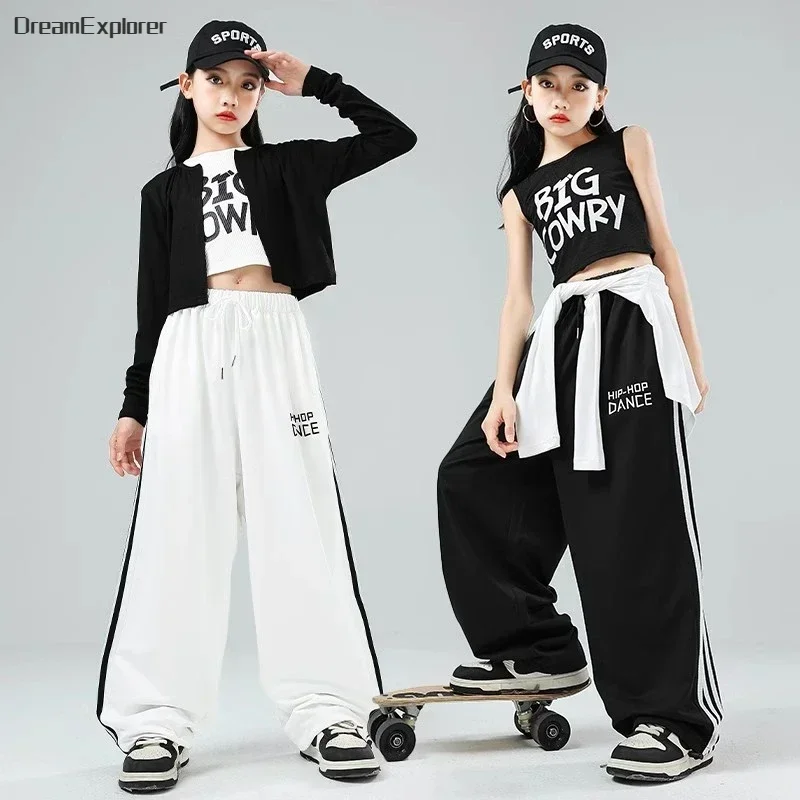 Hip Hop Girls Crop Top Cardigan Street Dance Letter Joggers Pants Kids Streetwear Loose Sweatpants Child Jazz K-pop Clothes Sets