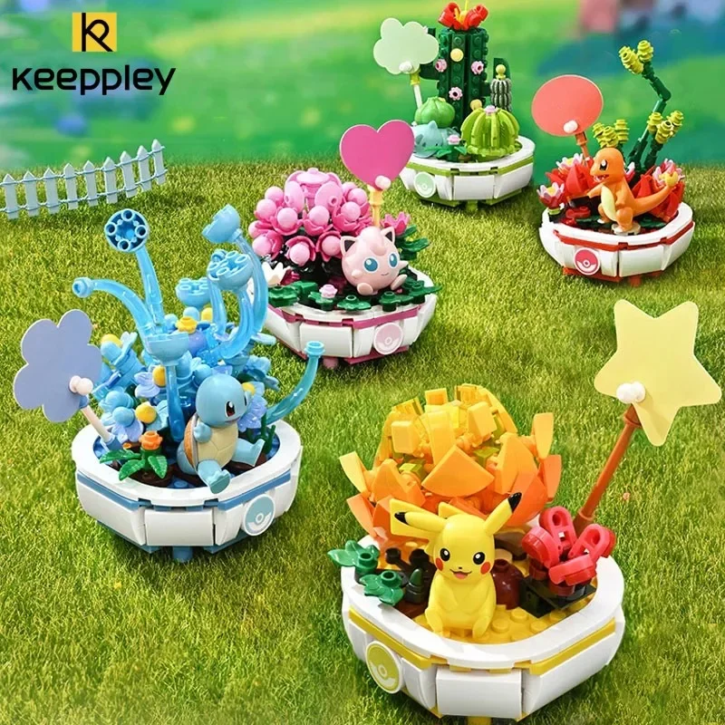 Keeppley Pokemon klocki do budowy Pikachu Charmander zabawkowy model HomeDecoration roślina doniczkowa kwiat cegła dziewczyna zabawka prezent dla