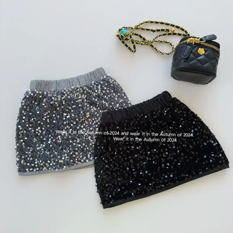 fashion Kids Girls Skirts Kawaii Princess Silver and Black Sequin Skirt Toddler Christmas Birthday Party Skirt Mini High quality