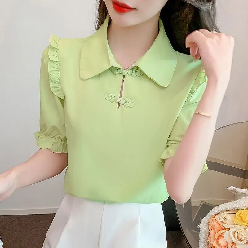 2024 Summer New Women\'s Solid Color Turn-down Collar Slim Elegant Versatile Short Sleeve Commuter Pan Button Chiffon Shirt Tops