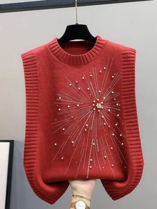 

Casual round Neck Beaded Knitted Vest Short Sleeveless Top Women's Spring Autumn Fashionable Soft Geometric Patterned Sweater