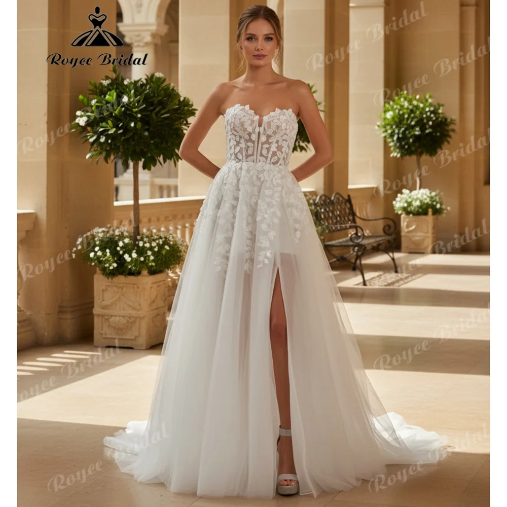 2027Strapless Sweetheart A‑Line Wedding Dress Leaf Lace Applique Bridal Gown Illusion Bodice High Slit Abiti Da Sposa Customized