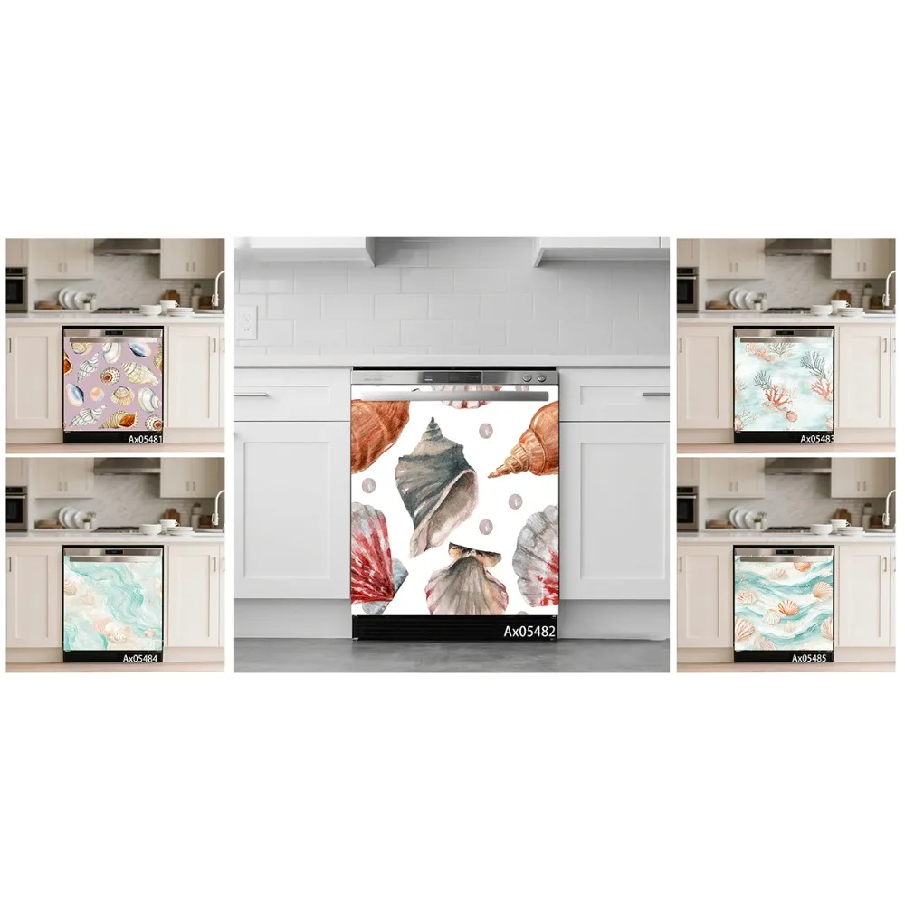 Pastel Watercolor Seashell Coral Wave Coastal Dishwasher Sticker Cabinet Closet Washing Machine Self-adhesive Wallpaper Stickers