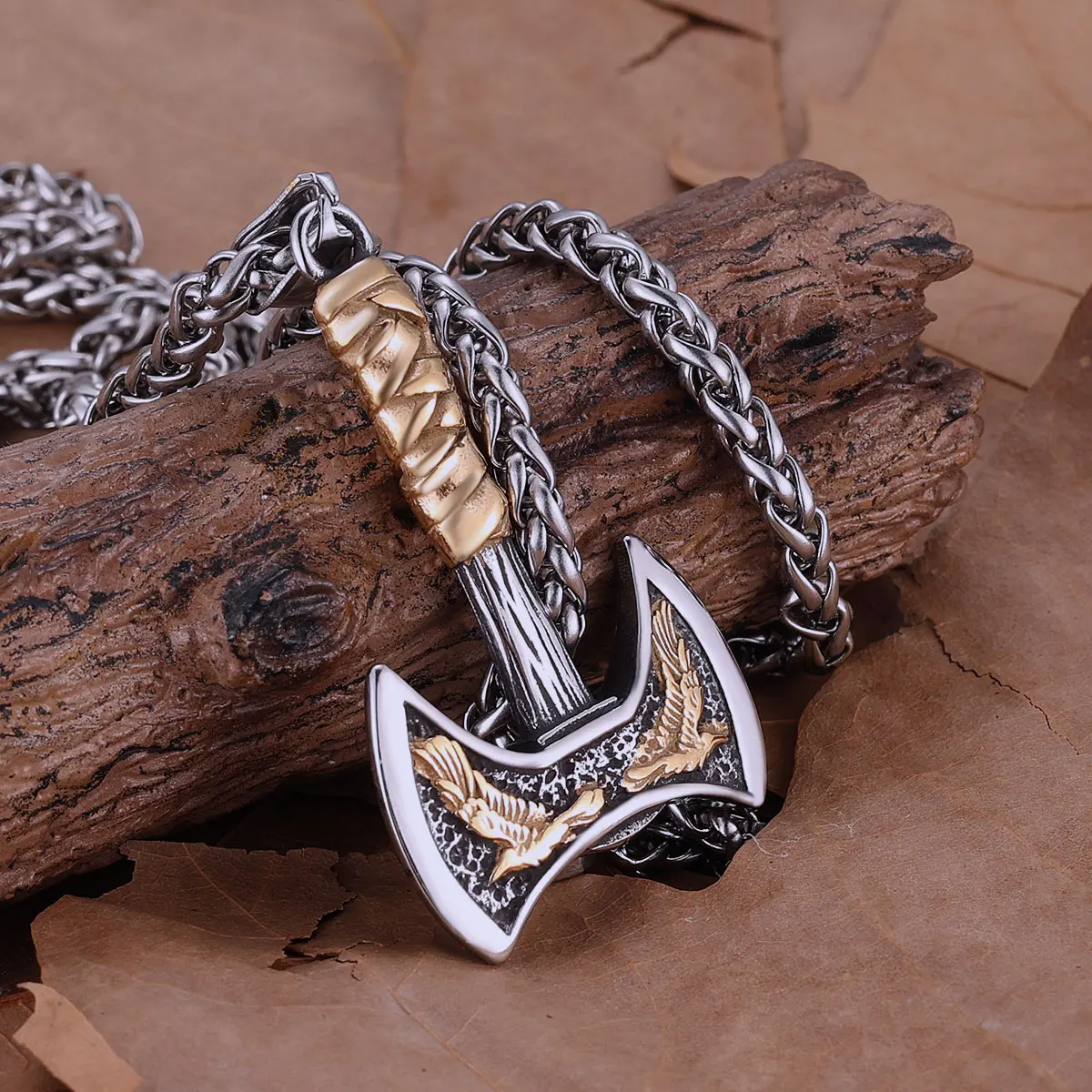 Stainless Steel Vikings Axe Necklace Mixed Gold Color Odin Raven Pendant Men's Personality Rune Amulet Gift for Boyfriend