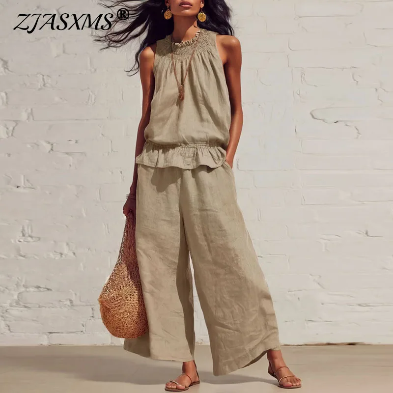 

Retro Solid Cotton Linen Woman Clothing Spring Sexy O Neck Ruffle Top Wide Leg Pants Set Summer Sleeveless Beach Vacation Outfit