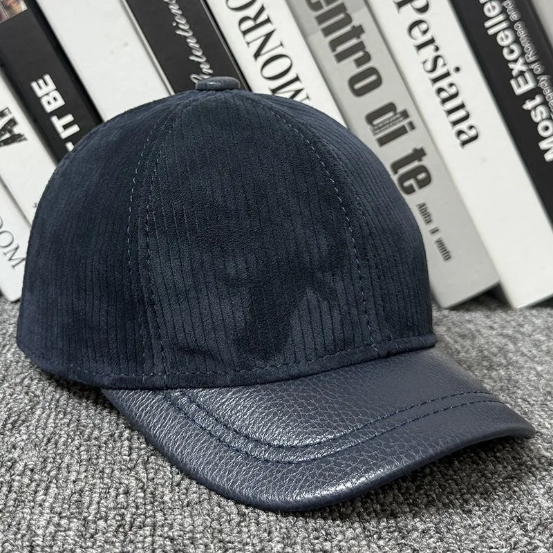 Retro Male Suede Leather Genuine Sheepskin 56-60CM Short Eave Baseball Caps for Man Casual Street Gf Gorras Blue