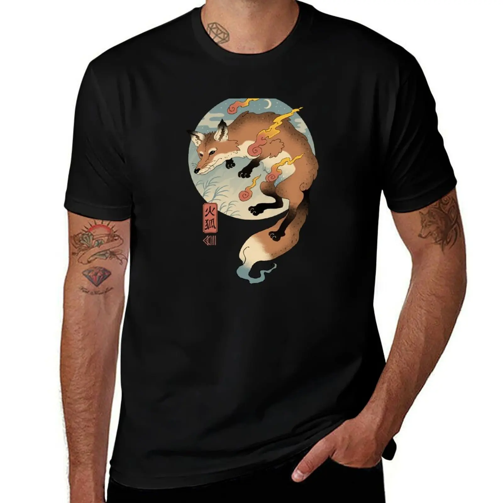 Fire Fox Ukiyo-e T-Shirt Graphic Print Short Sleeve T-Shirt