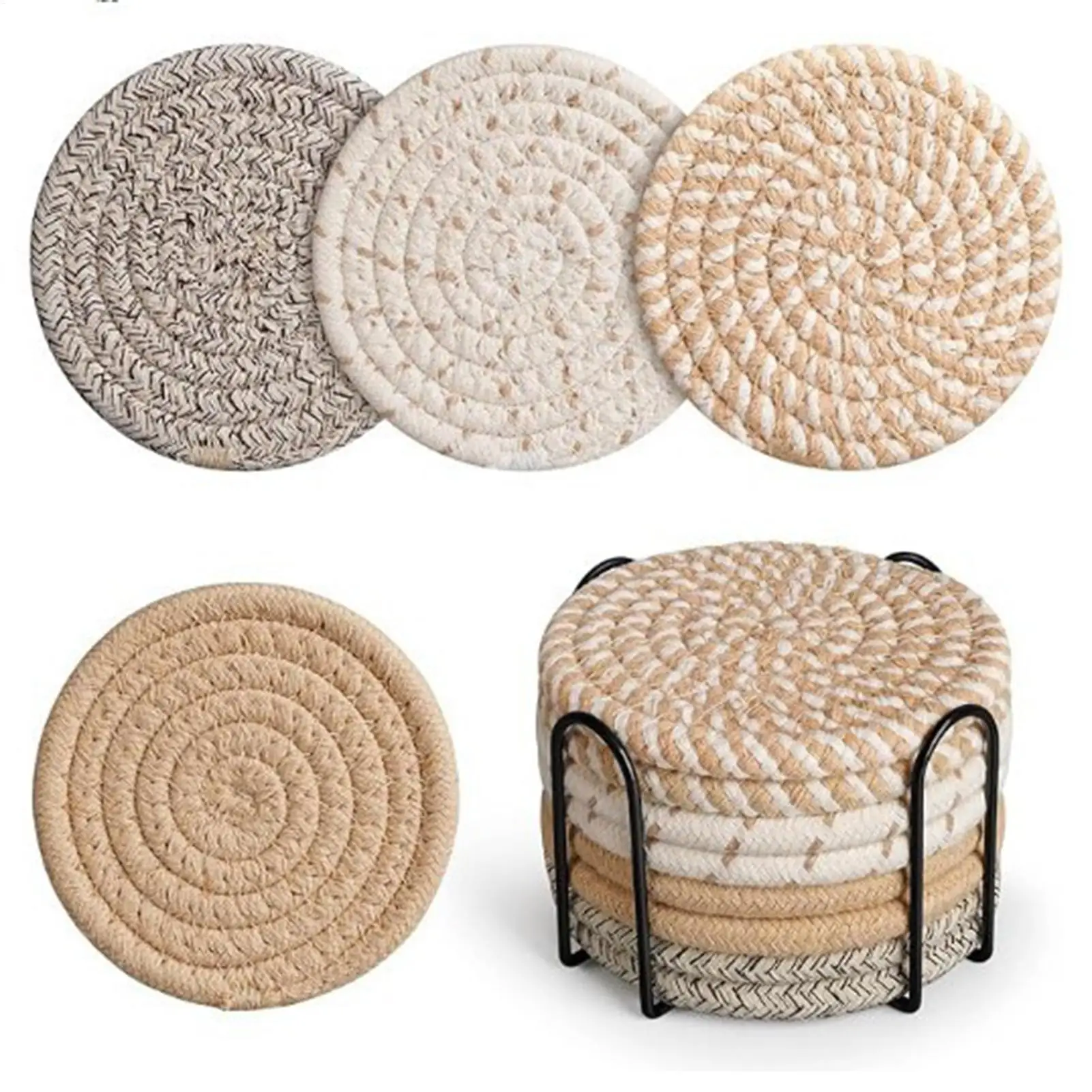 Absorbent Coasters 8 Pieces Absorbent Cup Mat With Holder 4.3 Inch Heat-Resistant Cotton Rope Desk Coaster For Table Home Coffee