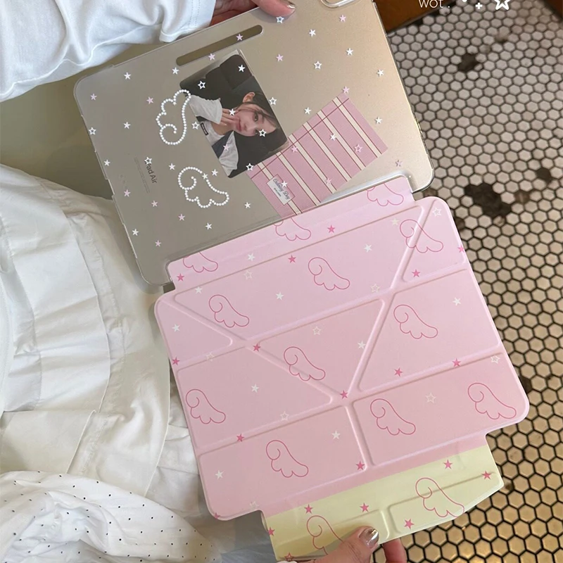 Korean Ins Lovely Pink Angel Wings Stars For iPad Pro 11 12.9in 13 M4 M5 Case 9.7 10.2 5/6th 7/8/9 11th Mini Air 3 4 5 6 7 Cover