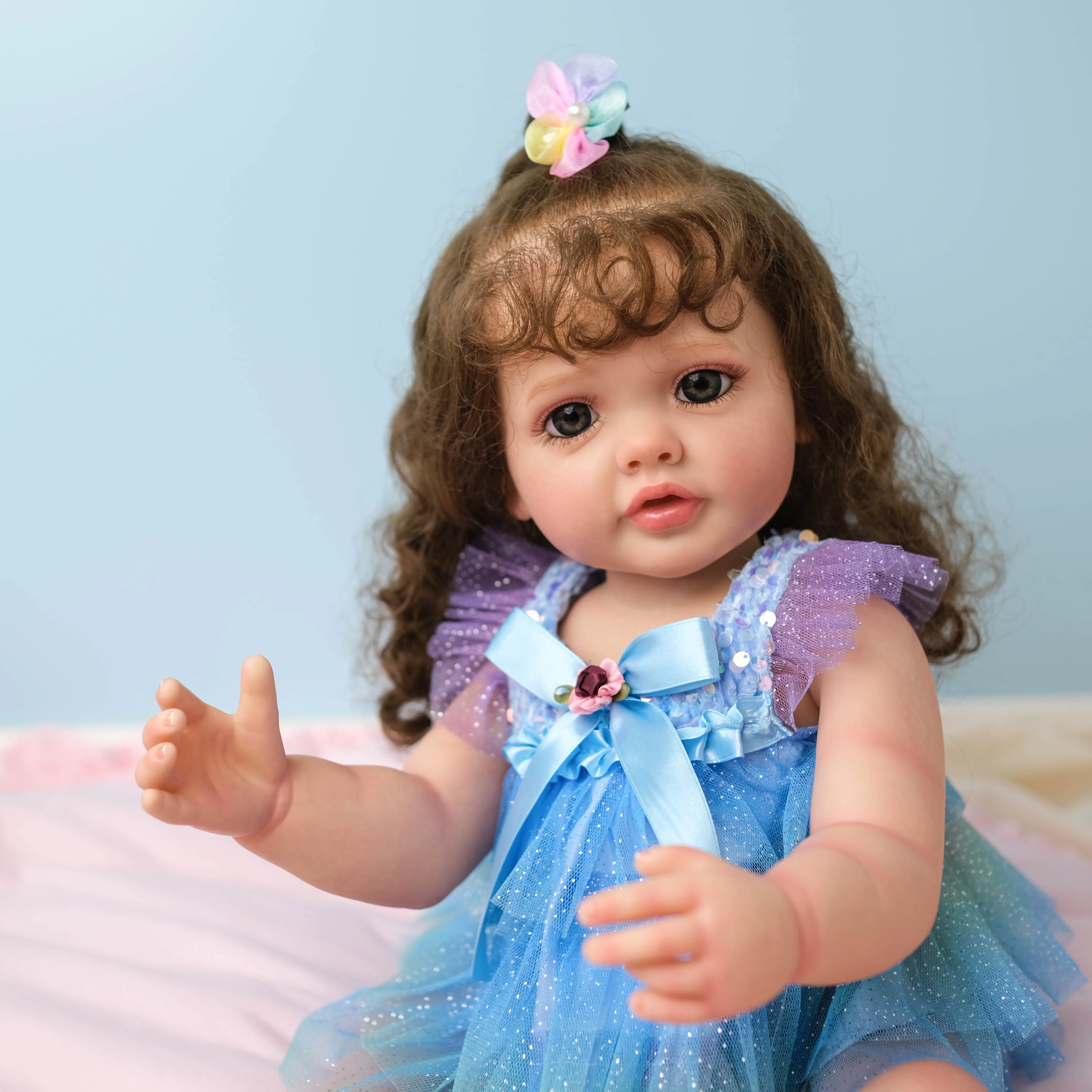 55cm full glue simulated baby rebirth, hand made vein blood thread visible long hair princess doll