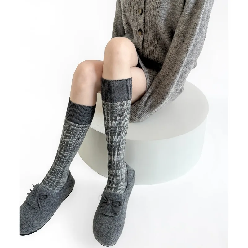 1 Pair Soft Cotton Cable Knit Checkered Mid-Calf Socks Double Ribbed Non-Slip Winter Socks INS Casual Korean Style Grey Socks