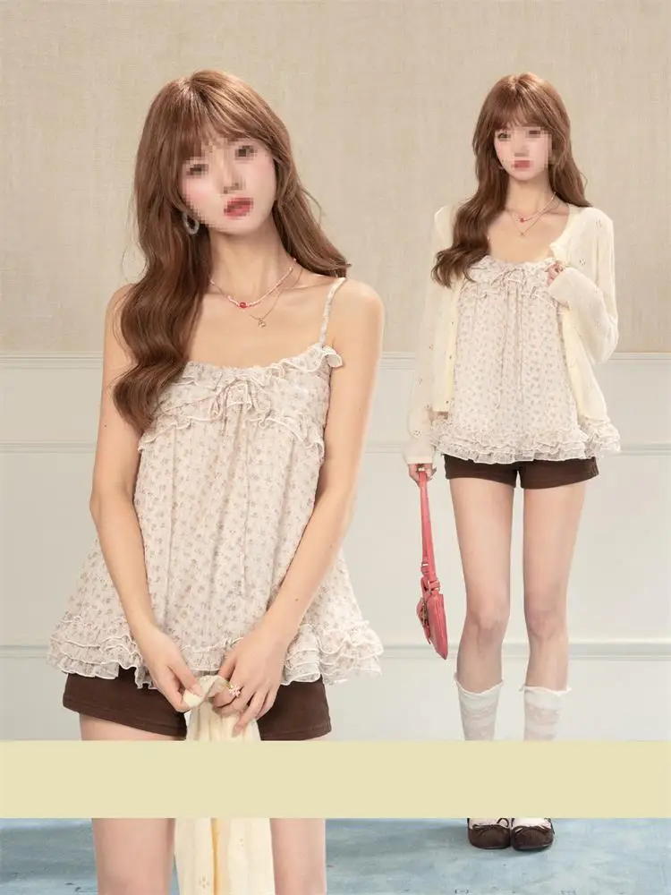 Early Spring Floral Print Knitted Crop Top And Cardigan Two-Piece Set for Trendy Girls Lightweight Breathable Casual Wear