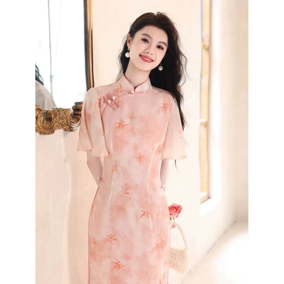 

Новое платье в китайском стиле для женщин 2025 с цветочным принтом Cheongsam с коротким рукавом, элегантное шифоновое летнее платье Qipao Robe Chinoise Lady