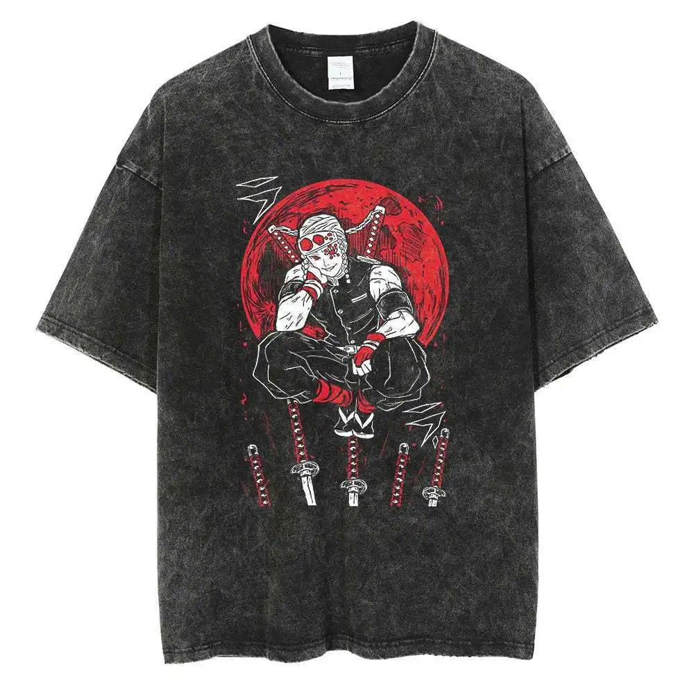 

Demon Slayer Washed Cotton T Shirt Sanemi Shinazugawa Graphic Short Sleeve Loose for Men Women Streetwear