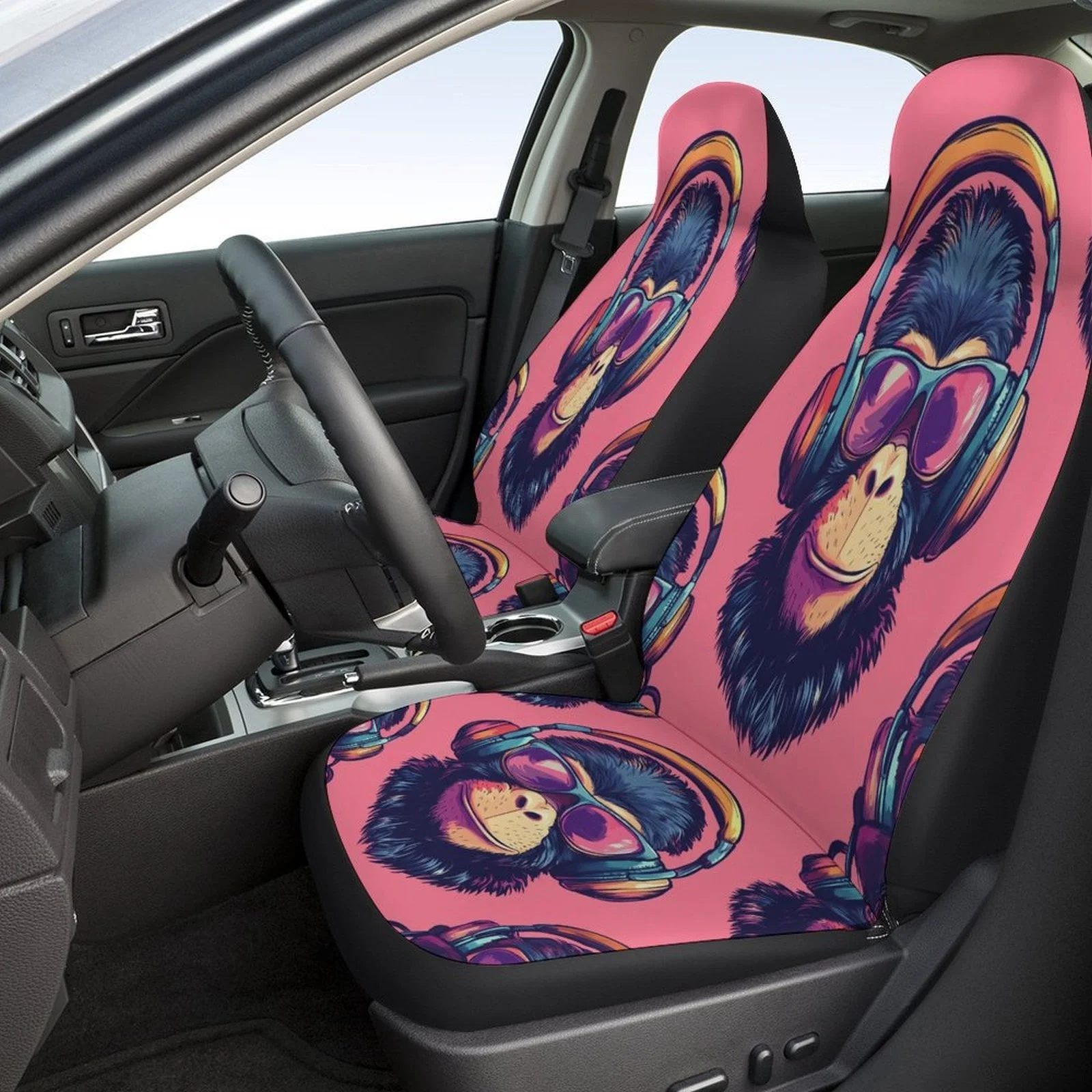 Cool Monkey Headphones Themed Car Seat Cover Set For Most Cars, Fashion Novelty Car Seat Protector Covers Full Set, Car Seat Co