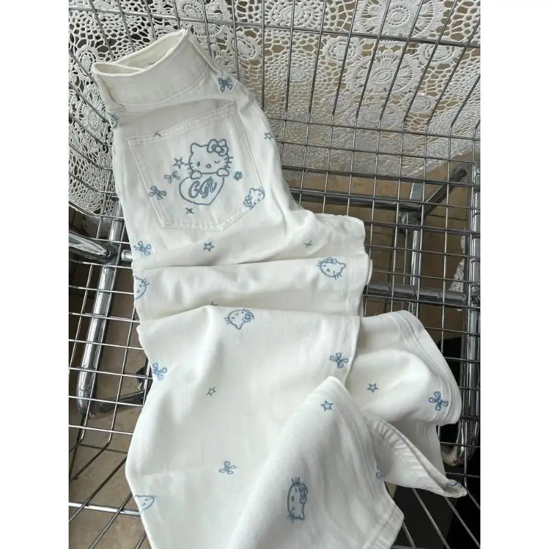 아메리칸 빈티지 헬로 키티 자수 청바지 Y2K 여성 화이트 와이드 레그 팬츠 소녀 하이 웨이스트 슬림 루즈 스트레이트 바지