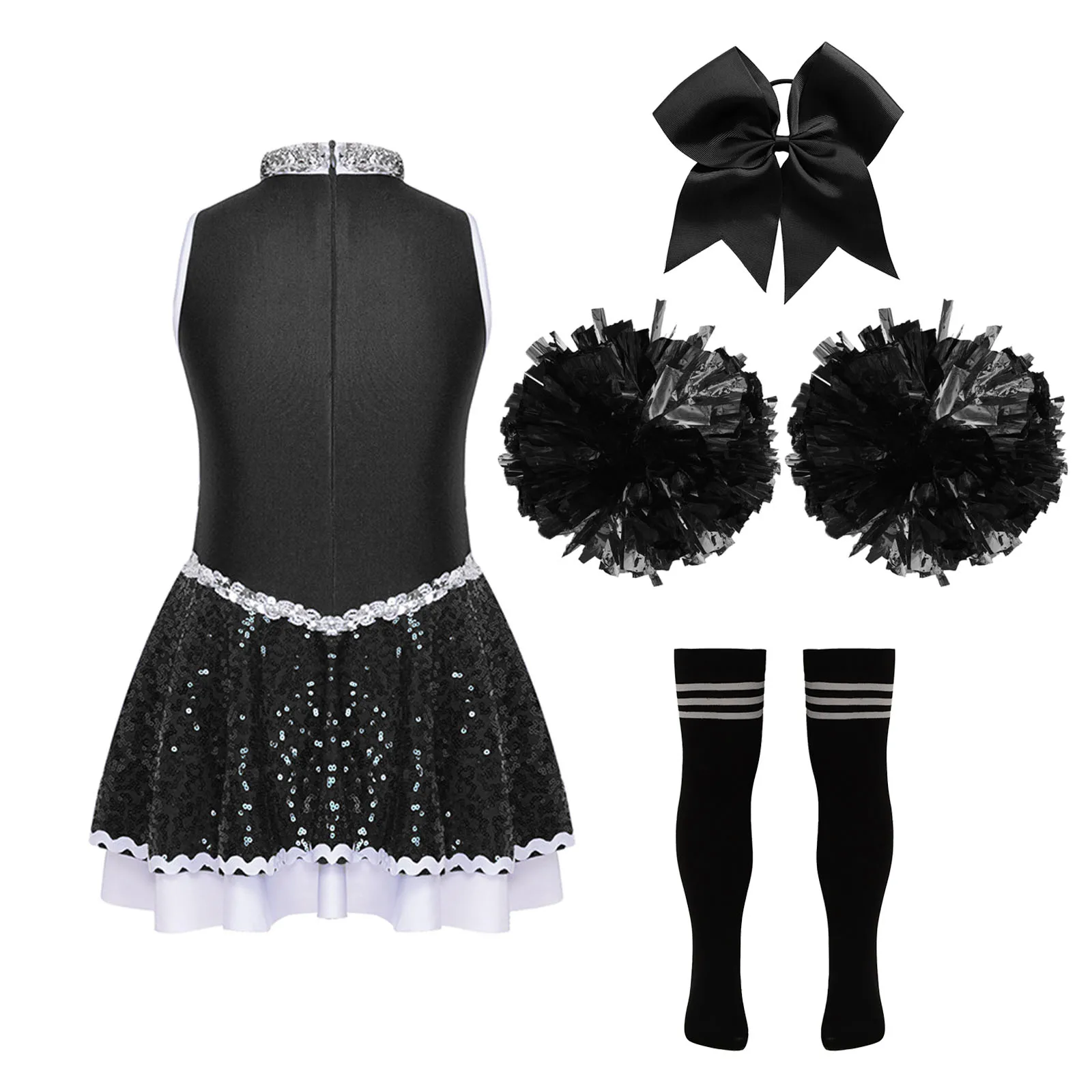 Kids Girls Cheer Leader Costume Outfits Sleeveless Cheer Leader Dress with Sequins Socks and Pompoms Cheer Cosplay Dance Costume