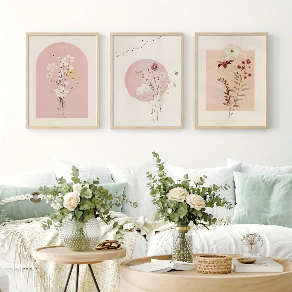 (No frame)3pcs Vibrant Watercolor Flowers Wall Art Set - Pink Wildflowers & Beige Red Prints Canvas - Frameless Farmhouse Dec