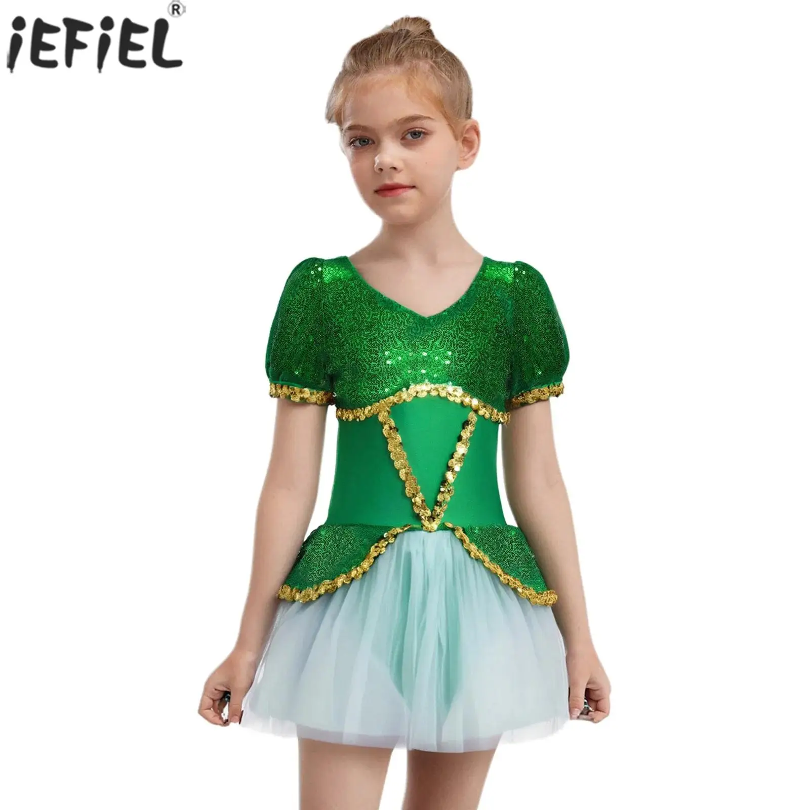 

Kids Girls Flower Fairy Costume Short Sleeve Shiny Sequins Mesh Ballet Dance Tutu Dress Halloween Carnival Theme Party Dress Up