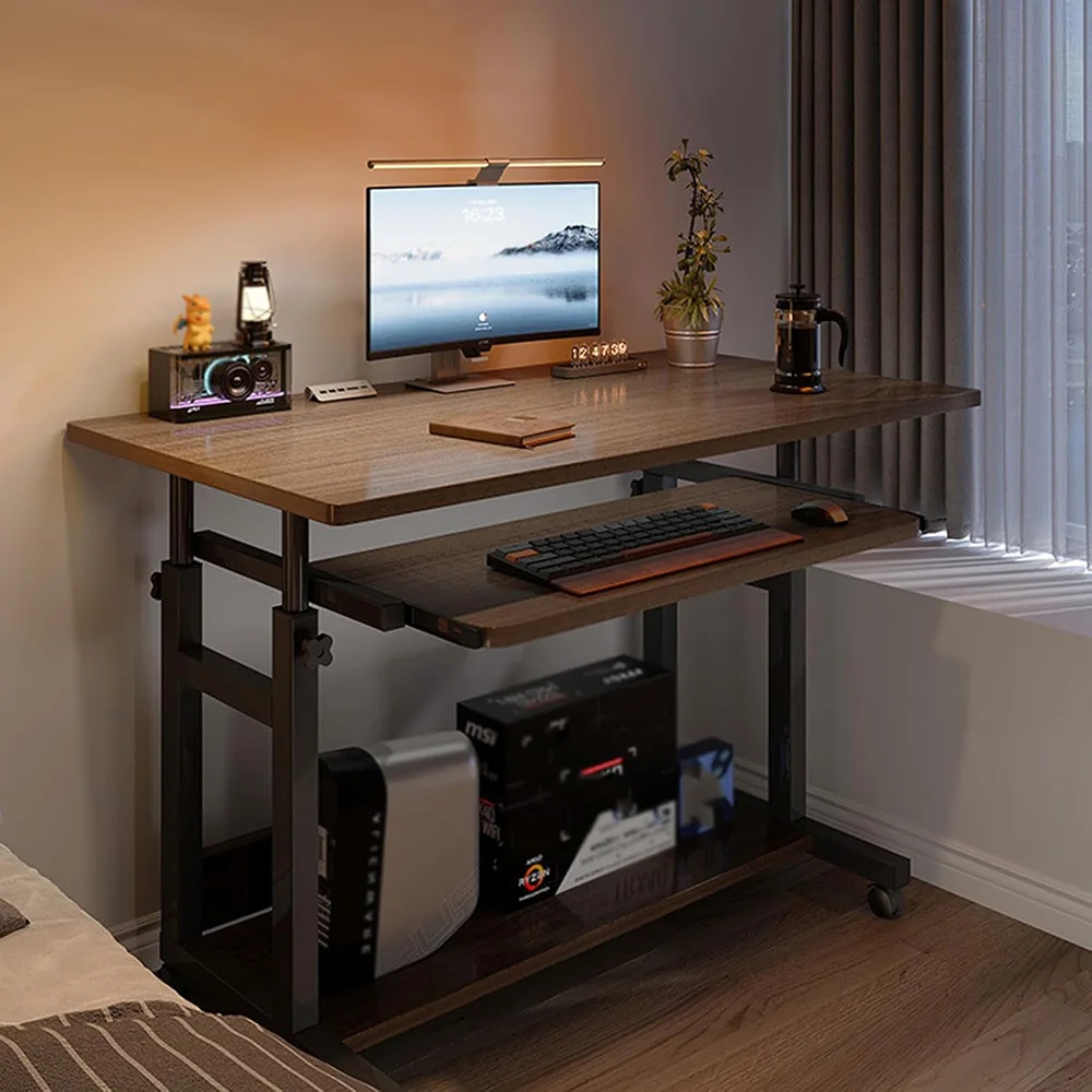 Computer Desk Mobile，Small Adjustable Desk，Office Desk Wooden Writing Desk with Caster，Over Bed Table Adjustable Height